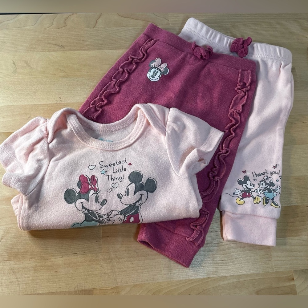 Disney Pink Baby Outfit with Mickey and Minnie - 1 onesie, 2 matching bottoms
